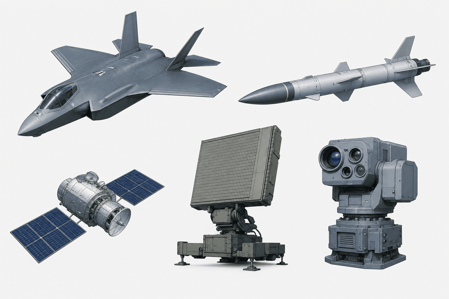 Professional illustration showing a collection of defense-related items representing ITAR-controlled categories: military aircraft, guided missile, spacecraft, radar system, and fire control equipment. Clean, technical diagram style with blue and gray color scheme. Items arranged in an organized grid layout against a neutral background. No text or labels.